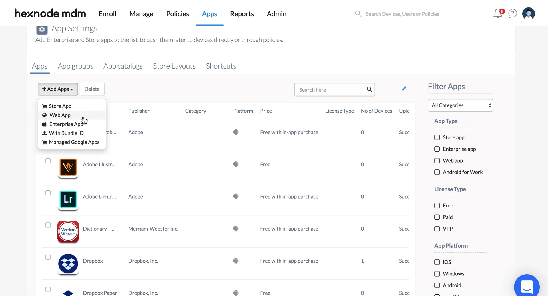 Hexnode - Przykładowe aplikacje, którymi można zarządzać i zdalnie instalować